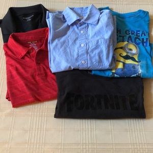 Lot of 5 Boys shirts size M button down, 2 polos, minion T and Fortnite T
